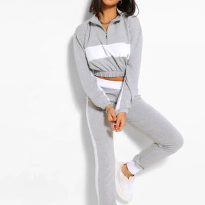 Ensemble de survêtement gris pour femme avec blocs de couleur, coupe ample à manches longues, pantalon de jogging décontracté avec poches latérales, idéal pour l'automne - Product Image 4