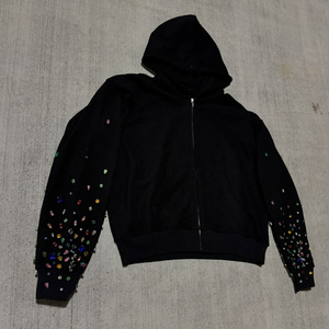 Sweat à capuche zippé personnalisé noir avec strass, streetwear oversize hiver pour hommes et femmes, cristaux colorés, tissu respirant - Product Image 3