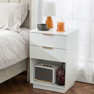 FCH Two-Drawer <b>Bedside</b> Cabinet with Wavy Pattern <b>White</b> P2 Density Board Nightstands Front Drawer - Product Image 1