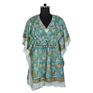 Hand Block Printed Cotton Kaftan XL Indian Caftan KFCS116 Abaya Kaftan Short Sleeves Maxi Dubai Fashion Handmade Arab Jalabiya - Product Image 3