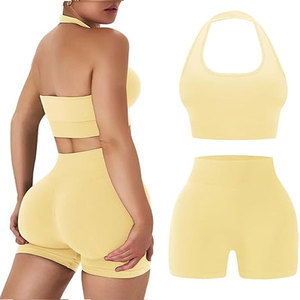 ชุดออกกำลังกายวินเทจสำหรับผู้หญิงแบบขายส่ง ชุด 2 ชิ้น เสื้อชั้นในแบบผูกคอเปิดหลัง กางเกงขาสั้นเอวสูง ผ้ายืด/ผ้าฝ้าย สำหรับโยคะและฟิตเนส - Product Image 6