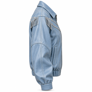 Blouson en cuir véritable bleu ciel pour femme avec franges aux épaules, taille élastique et fermeture éclair – Fabrication sur mesure - Product Image 3