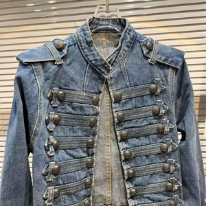 Stand Up Collar Denim <b>Jacket</b> Washed Blue Motor Coat Punk Goth Vintage Women M - Product Image 4