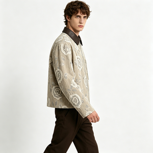 Men's Floral Embroidered Shirt <b>Jacket</b> With Leather Collar Regular Fit <b>Smart</b> Casual Autumn Style Linen Cotton Blend - Product Image 1