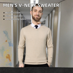 Pull en laine tricoté à col en V pour homme, couleur unie, manches longues, vêtements d'hiver - Product Image 5