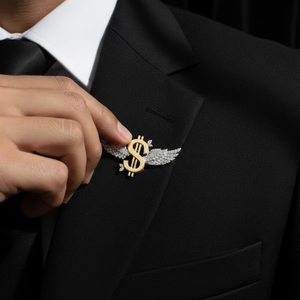 Broche Ailes Signe Dollar Doré pour Costumes Homme, Bijoux Formels Mariage & Anniversaire, Argent 925 Moissanite - Product Image 2