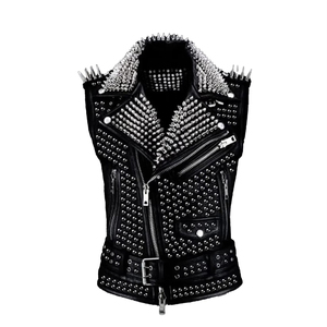 Chaleco de cuero genuino para hombre, estilo punk, con remaches, cremalleras y bolsillos, cuello vuelto, ropa de abrigo de invierno, longitud regular - Product Image 1
