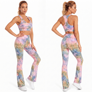 Women's Tie Dye Yoga Set Racerback Crop <b>Top</b> High Waist Flare <b>Leggings</b> 2 Piece Spandex Polyester Workout Wear Bra & <b>Leggings</b> Set - Product Image 1
