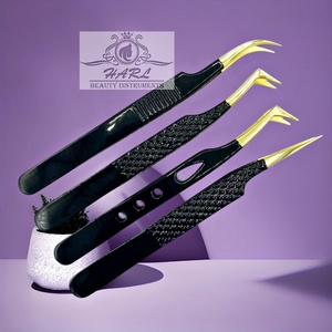 แหนบต่อขนตาสีดำและสีทองแบบกำหนดเองปลายไฟเบอร์ทำจากเส้นใยอุปกรณ์เสริมความงามสำหรับขนตา - Product Image 1