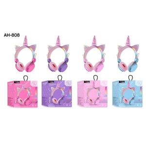 Auriculares Bluetooth Unicornio para niños con orejas de gato, colores rosa, morado y azul AH808 - Product Image 3