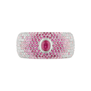 Luxury Women's <b>Cocktail</b> <b>Ring</b> 18K <b>Gold</b> Ruby Center Pave Pink Sapphires White Diamonds Party Jewelry - Product Image 2