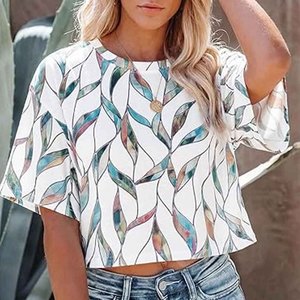 Women’s Crop Shirt <b>Tie</b> Waist Casual Summer Blouse - Product Image 2