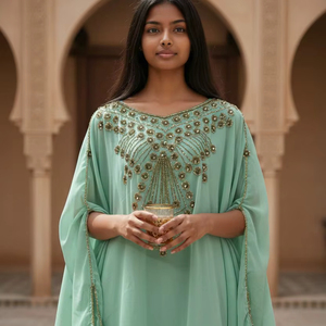 Awais House Bride Islamic A-Line Georgette Crystal Simple Floor-Length Long Sleeves Summer Festival Wedding Eid <b>Kaftan</b> Dress - Product Image 1