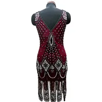 Robe de soirée bordeaux à franges perlées, sans manches, col en V, avec strass, pour soirée, cocktail, événement