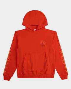 Customizable Men's Red Hooded Sweatshirt Flame DTG Printing Pocket Regular Fit Cotton Casual Autumn Wear - Product Image 1