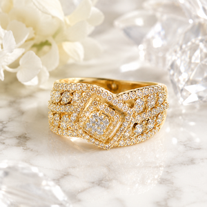 Royal 14K Gold Statement <b>Ring</b> with Square <b>CZ</b> Center and Luxury Wedding Party Wear Jewelry - Product Image 3