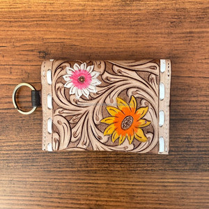 2024 New Design <b>Vintage</b> Hand Tooled Leather Coin Purse with Keyring Full Grain Genuine Cow Leather Floral Coin Wallets for Women - Product Image 3