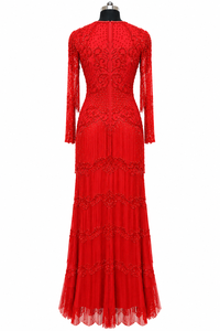 Vintage Red Luxury <b>Linen</b> Regular Sleeve Evening <b>Dress</b> Handmade <b>A</b>-<b>Line</b> Gown Built-in Bra Embroidered Front Logo - Product Image 2