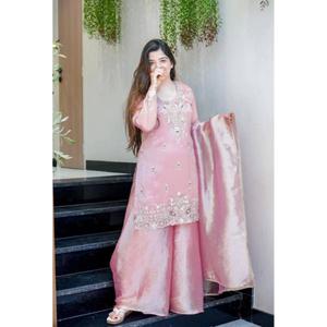 NUEVO LANZAMIENTO PARA LA FIESTA DEL EID: Conjunto de 3 Piezas de Top Moderno, Pantalón Palazzo y Dupatta para Mujer, Listo para Fiestas, Mangas Largas, Tela Brillante - Product Image 1