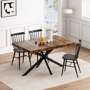 Tavolo da Pranzo Antico con Piano in Legno, Rettangolare, con Rilievo Nero, Allungabile da 55.11 a 70.86 Pollici, Base in Ferro a Croce con Finitura Sabbia Fine, Nero - Product Image 3