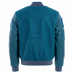 Letterman Sea Blue Varsity Jacket Custom <b>Baseball</b> Bomber Men's Streetwear Vintage Embroidered Patch Chenille Polyester / Cotton - Product Image 2