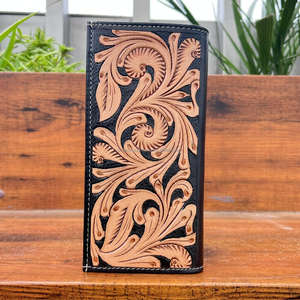 Beau portefeuille long pour hommes de créateur Design floral de cartes élégant avec porte-monnaie en cuir véritable usiné à la main d'inspiration occidentale - Product Image 5