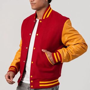 Veste de baseball vintage unisexe, corps en laine rouge, manches en simili cuir, veste bomber style Letterman, uniforme d'équipe scolaire, patchwork sur le devant - Product Image 3