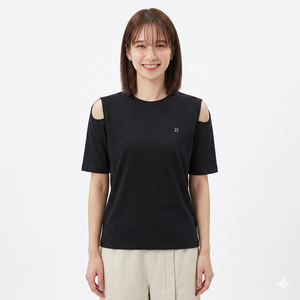 เสื้อยืดคอกลมแขนสั้นสีดำผ้าฝ้าย 100% แบบเซ็กซี่โชว์ไหล่ ตัดเย็บพิเศษ สกรีนโลโก้ได้ เสื้อยืดลำลองสำหรับฤดูร้อน เสื้อผู้หญิง - Product Image 1