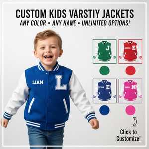Chaqueta Varsity Personalizada para Niños con Nombre e Iniciales, Estilo Preppy Azul y Blanco, Prenda de Otoño Unisex de Poliéster - Product Image 1