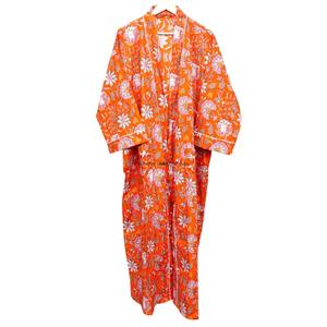 Robe kimono en coton à imprimé floral pour femmes, longueur intégrale, col en V, manches longues, fermeture à ceinture, lavable en machine, élégante, orange - Product Image 5