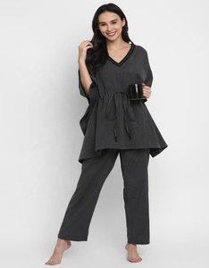 Pijama caftán gris sólido transpirable 100% algodón Natural hasta el suelo acogedor fines de semana elástico liso teñido ecológico lavable - Product Image 1