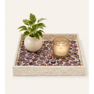 Plateau de service décoratif de luxe artisanal moderne avec incrustation de nacre, mosaïque géométrique violette, vaisselle de table - Product Image 4