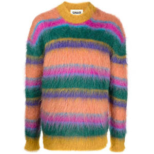 Custom OEM ODM Men's Nylon/Acrylic Jacquard Pattern Fuzzy Striped Knit <b>Pullover</b> <b>Sweater</b> Front Logo Long Sleeve Crew Neck Winter - Product Image 2