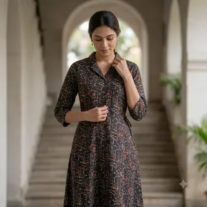 ชุดเดรสผู้หญิงสีน้ำเงินพิมพ์ลาย คอปก แขนสามส่วน ทรงเอไลน์ กระโปรงบาน สไตล์ชาติพันธุ์  ชุดลำลองแบบดั้งเดิมสำหรับใส่ในชีวิตประจำวัน - Product Image 5