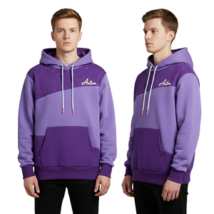 Sudadera con Capucha Personalizada para Hombre, Color Morado, Bloques de Color, Felpa de Algodón Grueso, Estilo Patchwork, Sudadera con Capucha Informal para Invierno - Product Image 3