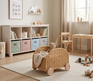 Handmade Natural Rattan Wicker Kids Push Cart <b>Toy</b> Storage <b>Trolley</b> with Wooden Wheels for Children Pretend Play and Nursery - Product Image 4