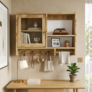 Meuble mural en bois avec portes vitrées, étagères, porte-serviettes et crochets – Unité de rangement flottante polyvalente pour cuisine et salle de bain - Product Image 2