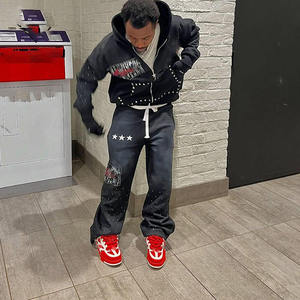 Men's Retro Street Style Two Piece <b>Set</b> Custom Logo Printed 100% Cotton <b>Pickling</b> Tracksuit Rhinestone Men Sweatsuits - Product Image 2