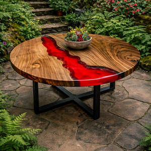 Table de salon ronde en bois massif avec résine époxy rouge, table basse artisanale, décoration rustique unique pour la maison - Product Image 3