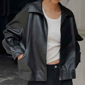 Blouson en cuir pour femme, col rabattu, manches longues, fermeture éclair, couleur unie, automne, longueur courte - Product Image 1