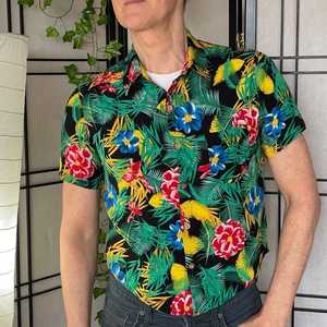 Chemise Hawaïenne Homme Manches Courtes Imprimé Feuilles Tropicales Noir Vert Tenue Hiver Vacances Respirante Écologique Anti-Boulochage - Product Image 2