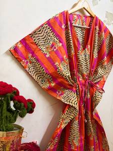 Women's Orange Floral Print Cotton Maxi V-neck <b>Kaftan</b> Dress <b>Beach</b> Cover up Boho Resort Wear Summer Lounge - Product Image 3