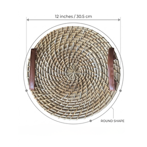 Bandeja de Servir Bohemia de Ratán Natural Tejida a Mano AG Elements con Asas de Cuero PU de 12 Pulgadas, Bandeja Decorativa para Otomana o Bodas - Product Image 2