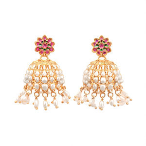 18K Gold Plated Brass Jhumki Hoop <b>Earrings</b> with Pearl Cluster Beads for Wedding and Party - Product Image 2