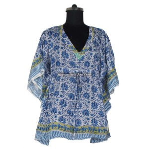 100% Cotton Women Sleepwear Hand Block Printed Kaftan Dress KFCS022 Light Weight Women Casual Occasion Wear Short Caftan Dress - Product Image 4