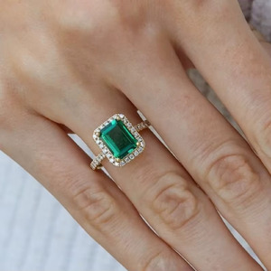 Emerald Cut Halo Moissanite Gemstone <b>Rings</b> Women's Engagement <b>Ring</b> 14k Gold Plated Prong Setting Party & Wedding Gift - Product Image 6