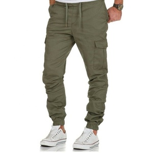Pantalon cargo pour homme, vert olive, taille élastique, cordon de serrage, décontracté, automne, plusieurs poches, toile mi-lourde - Product Image 1