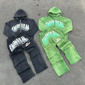 Ensemble de survêtement d'hiver pour homme avec sweat à capuche zippé et pantalon large orné de strass, 100 % coton, coupe classique, vêtements de sport imperméables et respirants - Product Image 1