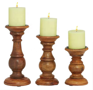 Lot de 3 bougeoirs à pilier en bois rustiques-12 \ "9 \" 6 \ "décor de centre de table vintage pour mariages support de bougie marron - Product Image 1