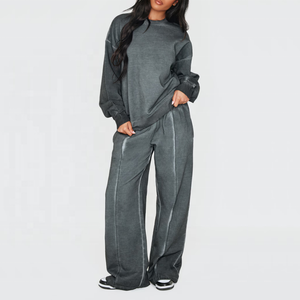 Conjunto de sudadera y jogger oversize para mujer con logo personalizado, estilo streetwear, lavado ácido, para entrenamiento, venta al por mayor - Product Image 4